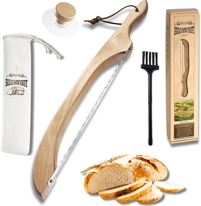 LLOTUS Bread Knife Package Slicer for Sourdough Bread, 16.5" Premium Wooden Bow Design, Premium Stainless Steel Serrated Saw, Cutter for cutting Loaf, Sandwich, Bagels, Homemade Bread & more - Birch by Unknown