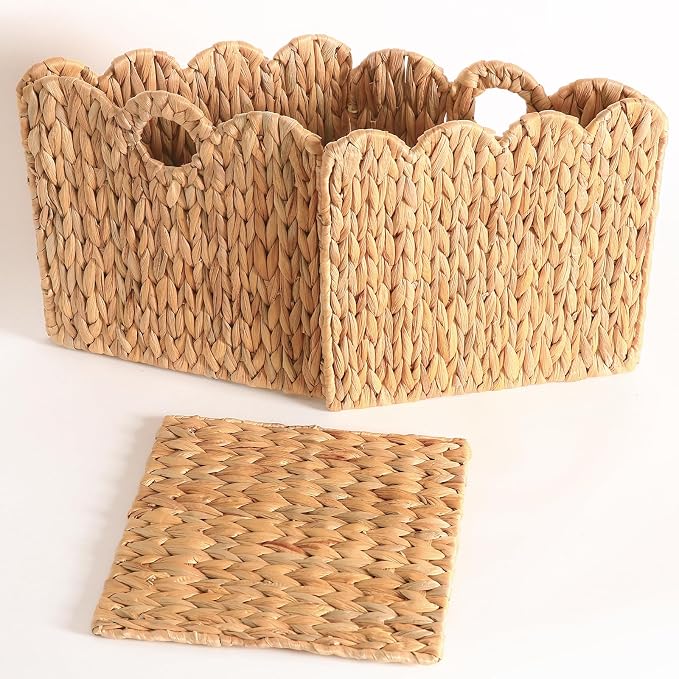 Scalloped Wicker Storage Cubes Basket, 12”x12“ Heavy Duty Paper rope/Hyacinth/Seagrass Baskets for Shelves, Foldable Natural Boho Square Bins (Water Hyacinth&12 x 12 x 12in&4-Pack) - Image 6