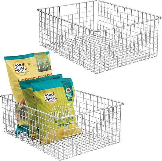 mDesign Metal Wire Food Storage Basket Organizer with Handles for Organizing Kitchen Cabinets, Pantry Shelf, Bathroom, Laundry Room, Closets, Garage - Concerto Collection - 2 Pack - Chrome by mDesign