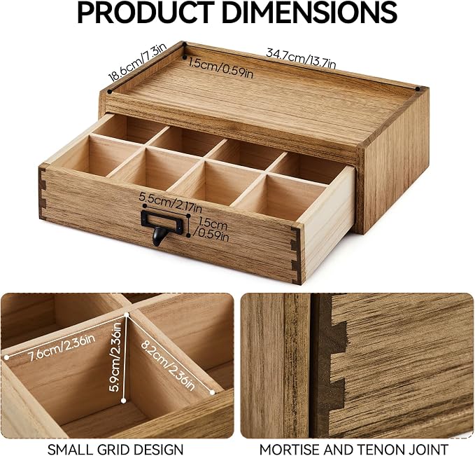 KIRIGEN Solid Wood Tea Storage Box, 8 Compartments, Brown CYG-DBR | 8-Section Desk Cabinet Organizer with Metal Handle Stores Tea Bags, Sachets, Coffee Packets, Sugar, and Small Tea Accessories - Image 3