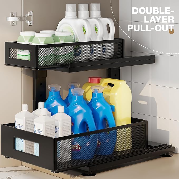 2 Pack Under Sink Organizer with Next-Gen Ball-Bearing Slides,2-Tier Pull Out Cabinet Storage,Height Adjustable Drawer Shelf for Bathroom,Kitchen,Laundry,Cabinet,Pantry(Patent Pending) - Image 7