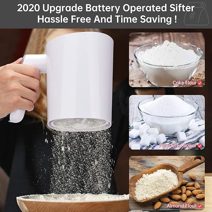 Electric Flour Sifter, Battery Operated Flour Sifter for Baking with Dough Scraper, Ergonomical Handle Flour Sieve for Cooking, 4 Cup Sieve, Pastry Baking, Easy to Clean - Image 2