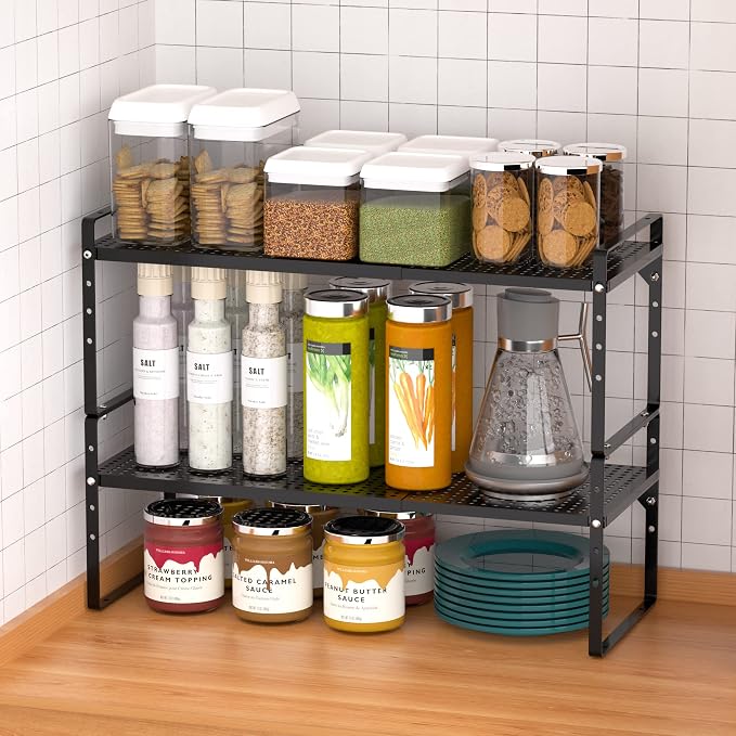 Expandable Kitchen Cabinet Shelf Organizers 3 Pack, Stackable Metal Pantry Storage Shelves Rack, Adjustable Counter Spice Shelf for Cabinets, Countertop, Cupboard Organizers and Storage, Black - Image 9