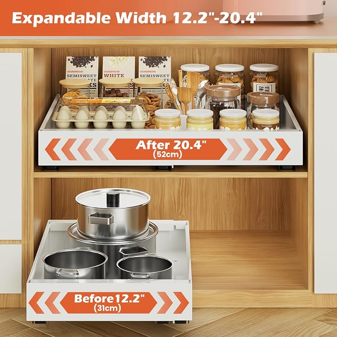 lockincar 2 Pack Expandable Pull Out Cabinet Organizer 21" Deep, Adjustable Width 12.2"-20.4" Slide Out Drawers & Roll Out Shelves for Kitchen Cabinets, Easy Install with Double-Sided Adhesive, White - Image 3