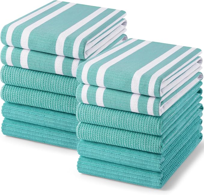 Homaxy Cotton 380 GSM Premium Kitchen Towels, 18"x 28", 12 Pack, Teal | Soft and Absorbent Terry Dish Towels, Multipurpose Tea Towel Set with Hanging Loop, 3 Styles Kitchen Hand Towels by Homaxy