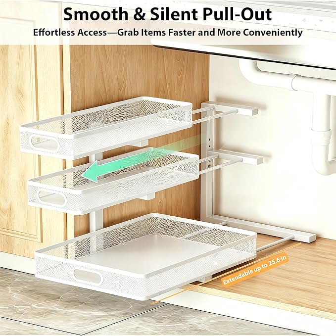 2 Pack Under Sink Organizer, 3-Tier Pull Out Kitchen Cabinet Organizer with 5 Adjustable Heights Metal Slide Out Bathroom Storage Makeup Drawer Rack for Bedroom Office Pantry Home Organization, White - Image 6