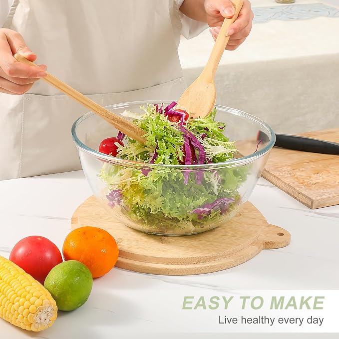 JOYMAY Glass Salad Bowls, Set of 3 Glass Bowls with Bamboo Lids Large Serving Bowl for Salad, Pasta, Desserts, W/Bamboo Utensils Salad Fruit Nesting Bowl for Cooking,Baking,Prepping,Serving & Storage - Image 2