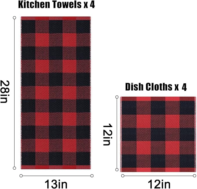 Homaxy Kitchen Towels and Dishcloths Set, Set of 12, Black & Red | Bulk Cotton Waffle Weave Check Plaid Kitchen Towels, Super Soft and Absorbent Dish Cloths, 12 x 12 and 13 x 28 Inches - Image 6