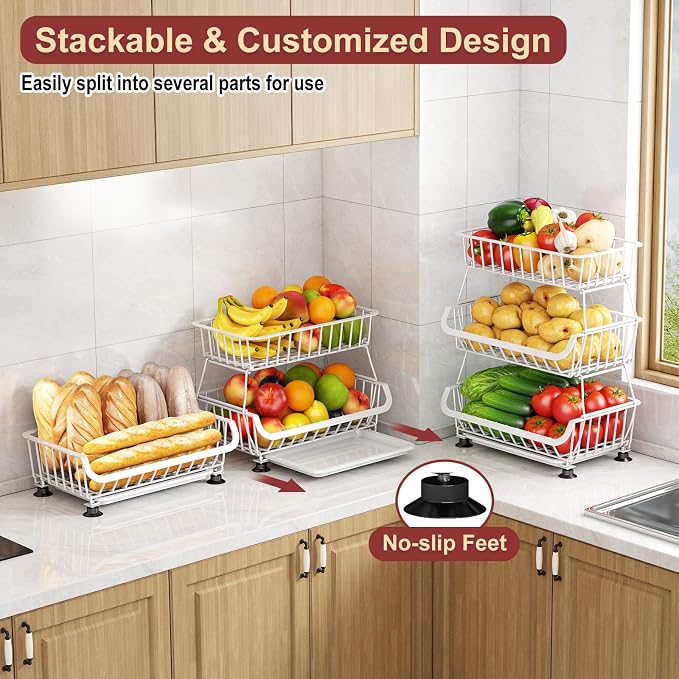 3-Tier Rolling Pantry Cart with Wheels, Stackable Wire Storage Floor Organizer for Kitchen Pantry Snack Shelves, Fruit Basket Stand, Vegetable Storage Rack for Food Snacks Onion Potato, White - Image 7