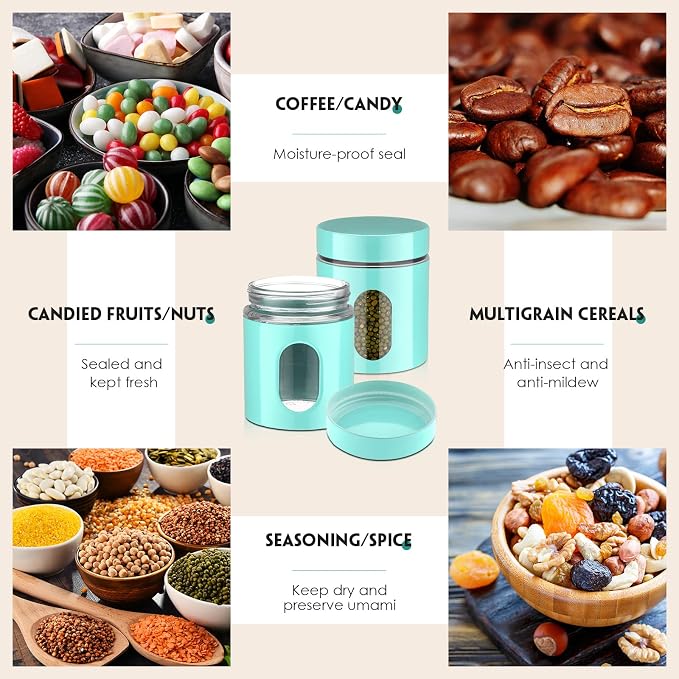 6 Pack Kitchen Canisters Set 20 oz Airtight Stainless Steel Canister Food Storage Container with Window Glass, Coffee Sugar Candy Jars Tea Organizer for Flour Cookies Spices Grains Kitchen(Turquoise) - Image 7
