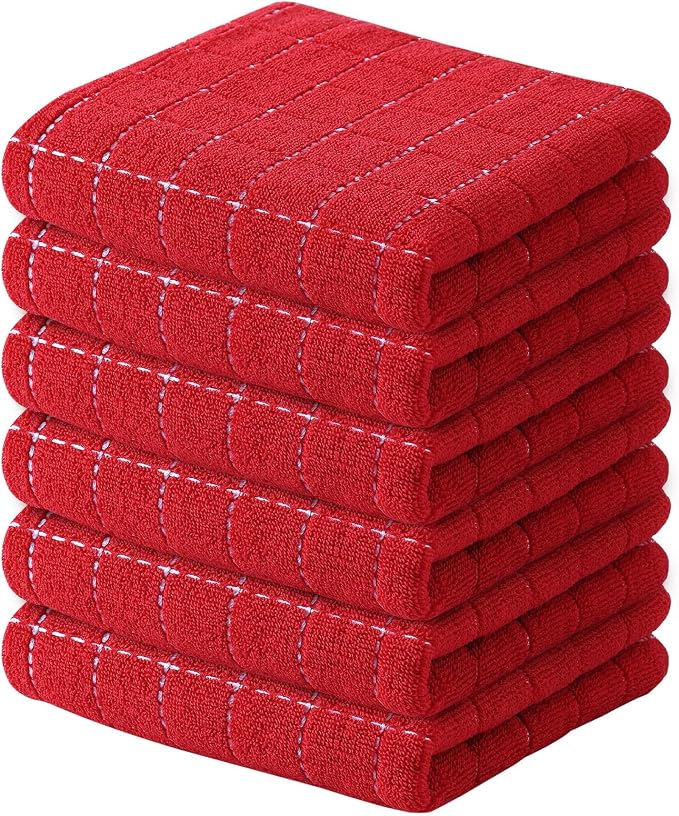 Kitinjoy 100% Cotton Terry Kitchen Towels, 13”x 28”, 6-Pack, Red | Checkered Designed, Ultra Soft Absorbent Quick Drying Dish Towels by Kitinjoy