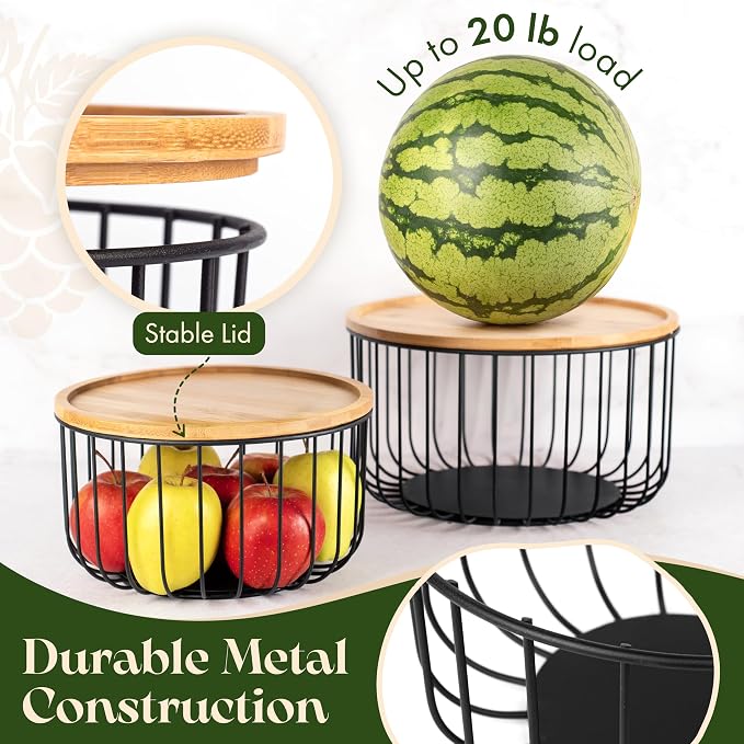 Fruit Basket for Kitchen Counter Set of 3 - Large Stackable Baskets with Bamboo Lid - Fruit Bowl, Perfect Holder For Fruits and Vegetable Storage -Keep Your Countertop Classy, Tidy and Slightly Fruity - Image 5