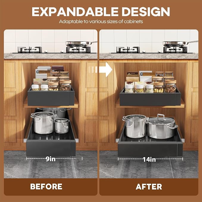 Seinloes 2 Pack Expandable (9"-14") Pull Out Cabinet Organizer 21" Deep With Raising Pad for Framed Cabinets,Upgrade 3 Slide Rails Slide Out Drawers,No Drill Roll Out Shelves Adhesive,Black - Image 4