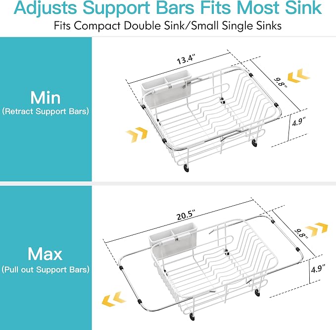 JASIWAY White Dish Drying Rack in Sink with Utensil Holder, RV, Apartment | Over Sink Expandable Stainless Steel Dish Drainers for Compact Kitchen, Space Saving, Fast Drain, Rustproof, For 1-2 people - Image 4