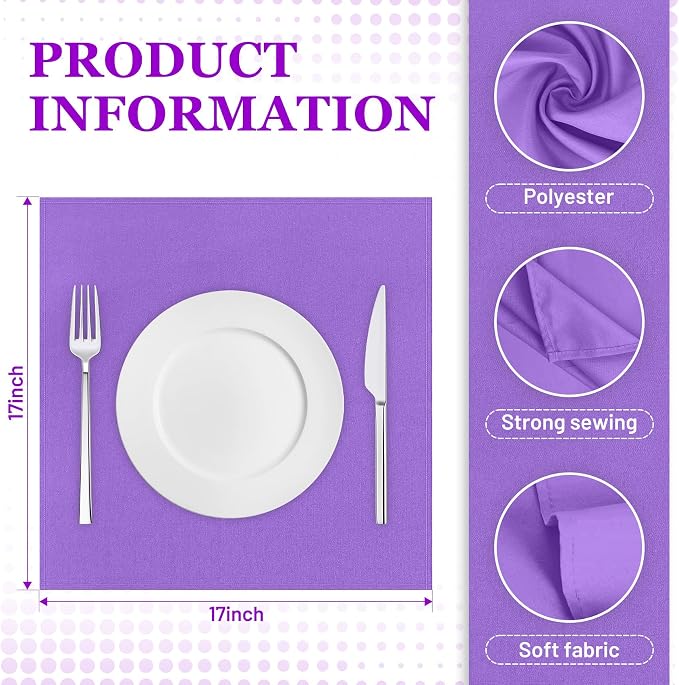 SuperO Set of 120 Cloth Napkins 17 x 17 Inch, Polyester Solid Washable Dinner Napkins with Hemmed Edges,Great for Restaurant, Wedding and Party(Purple) - Image 3