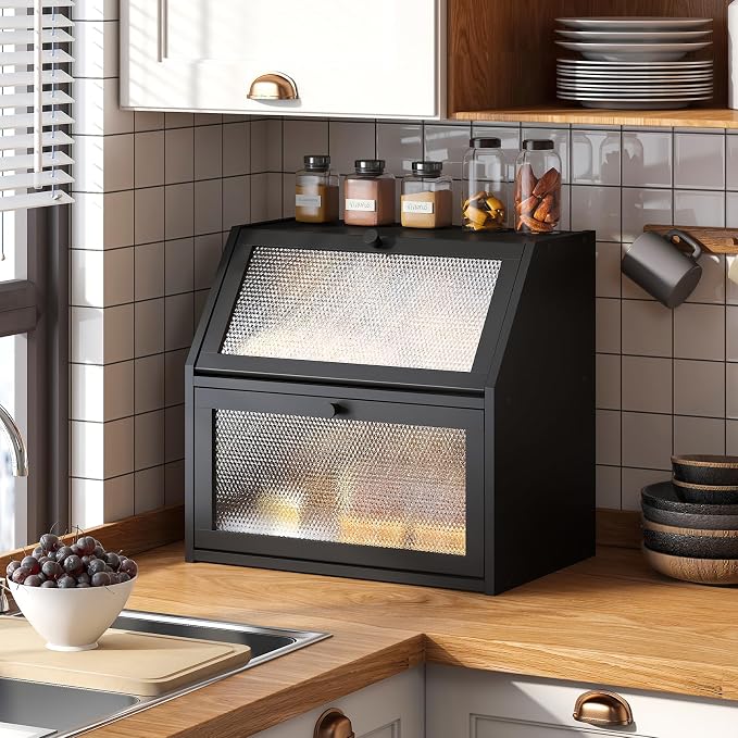 STDDRE Bread Box for Kitchen Countertop Bin Double Layer Bread Box Storage Container Extra Large Capacity with Diamond Pattern Windows (Black, Extra Large) - Image 4