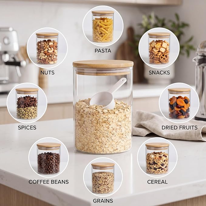 Glass Storage Jars Set Elegant Containers with Airtight Bamboo Lids, Perfect for Kitchen Organization - Flour, Rice, Pasta, Sugar, Coffee Beans, Accessories Included (2 packs(111oz)) - Image 5