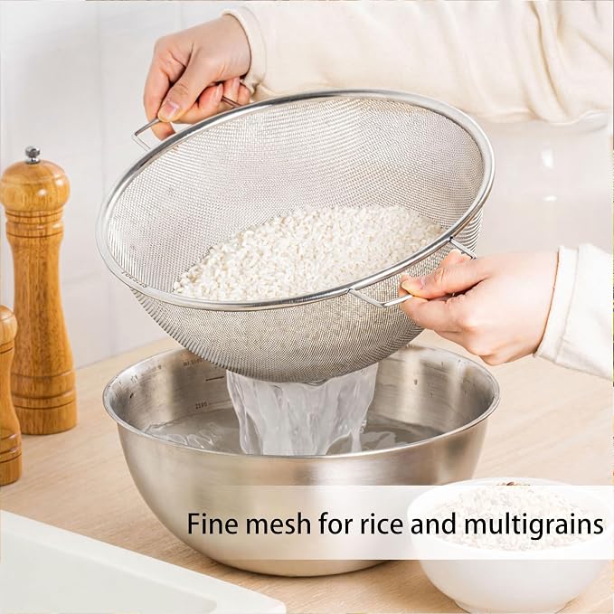 18/8 Stainless Steel Fine Mesh Colander Set, 3.5Qt | Includes 1 mixing bowl with built-in measurement marks and 1 fine 20-mesh strainer for rinsing, mixing, and draining. - Image 8