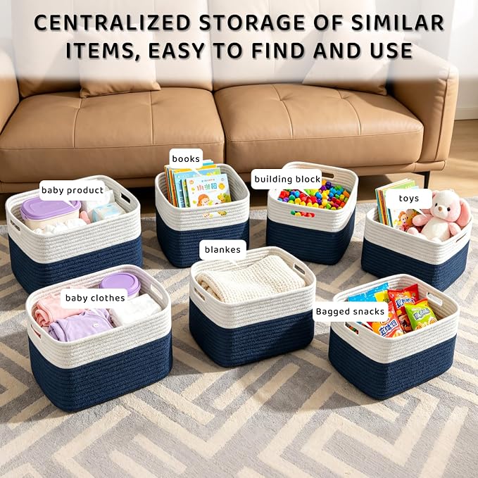 4 Pack Storage Baskets for Organizing, 11''Lx9''Wx8''H Woven Baskets for Storage Toys, Towels, Books, and Clothes, Cotton Rope Basket for Shelves with Handle - Image 6