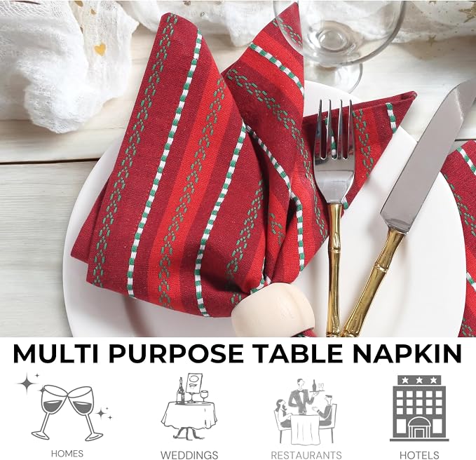 Bedding Craft Cotton Cloth Napkins Set of 12-18x18 Inch Machine Washable Dinner Napkins, Set of 12 Red Green Multi Salsa Stripe Napkins, Wedding Napkins, Cotton Cloth Napkins for Everyday Use - Image 8