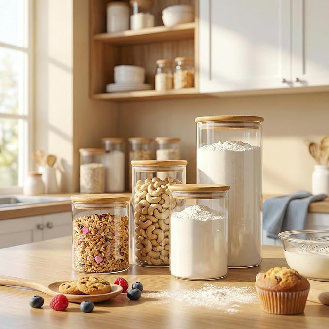 HomArtist Extra Large Glass Flour and Sugar Storage Containers with Airtight lid,105 floz x1 & 48 floz x1 [Set of 2] Big Glass Jars with Bamboo Lids, Air Tight Food Jar for Cereal, Pasta, Rice, Coffee - Image 2