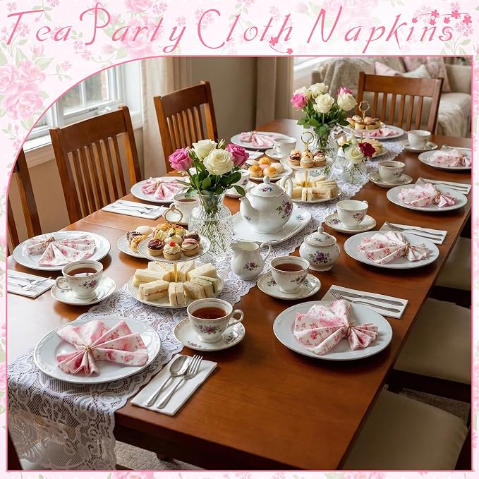 24 Pcs Floral Cloth Napkins 6 Patterns Washable Dinner Tea Party Napkins Reusable Plant Flowers Square Napkin Cotton Towel Decorative for Summer Wildflower Party(Pink Flowers) - Image 5