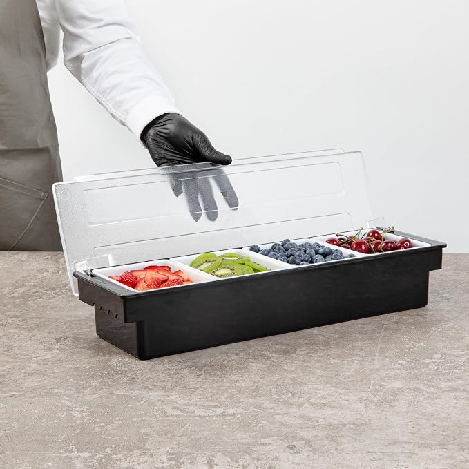 Restaurantware Bar Lux 19.6 x 6.3 x 3.7 Inch Condiment Caddy 1 Durable Bar Caddy - 4 Removable Compartments Built-In Lid Black Plastic Condiment Holder For Restaurant Store Cocktail Garnish - Image 5