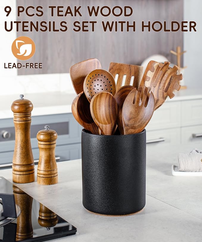 Wooden Cooking Utensils Set with Ceramic Holder,Teak Wood 10pcs Utensils | Holder for Countertop with Protection Cork Bottom,Nonstick Spoons, Spatula Set,Kitchen Decor, (Stone Black) - Image 2