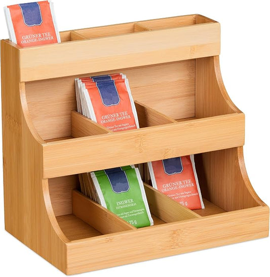 Relaxdays Tea Box, 9 Compartments, Organiser, Bag Storage, Bamboo, HWD: 24 x 26 x 17.5 cm, Vertical Tiered Rack, Natural, 24 x 26 x 17,5 cm by Relaxdays