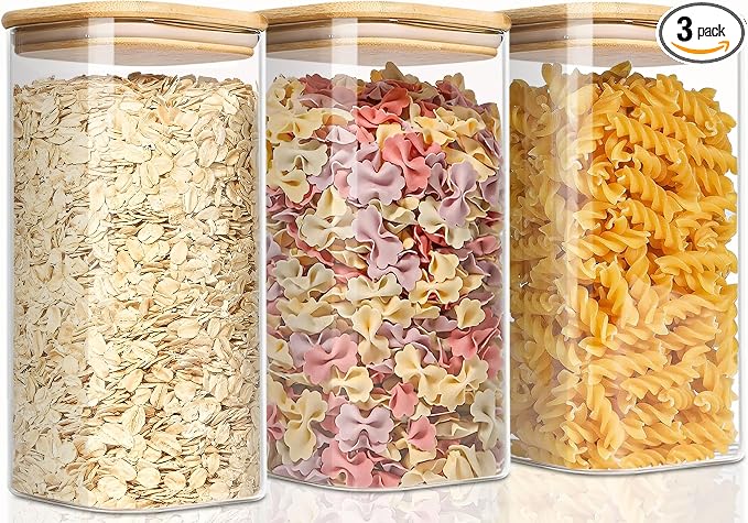 VIEWELLD 1.6 Qt Square Glass Storage Containers with Lids, Clear Food Storage Container Jar with Sealing Bamboo Lid for Noodles Flour Cereal Rice Sugar Tea Coffee Beans,Square Set of 3 by VIEWELLD