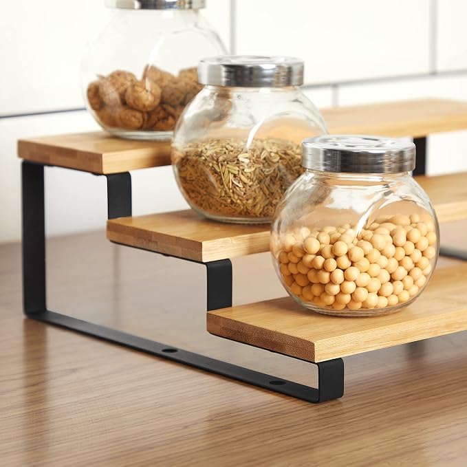 SONGMICS 4 Bamboo Shelf Organizers and 2 Spice Racks Bundle, 2 Sets of Cabinet Organizers, for Kitchen Organization, Natural and Black UKCS10NB and UKCS016N01 - Image 7