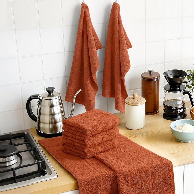 Homaxy 100% Cotton Kitchen Towels 18"x28", 4 Pack Dish Towels, Rust | Large 380 GSM Soft and Absorbent Kitchen Hand Towels with Terry Grid Design, Utility Tea Towel Set with Hanging Loop - Image 8