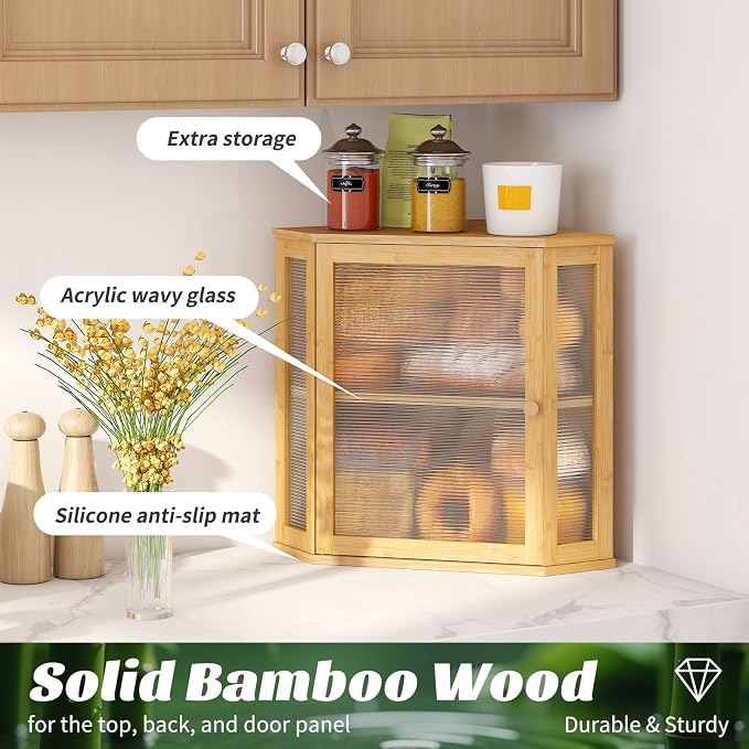 Corner Bread Box, Large Bamboo Bread Box for Kitchen Countertop, 2 Tier Wooden Bread Storage (Natural, Large) - Image 6