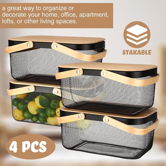 Jingmore 4 Pcs Metal Mesh Baskets with Lid, Stackable for Storage, Prevents Fruit Flies for Vegetable Fruit Kitchen Cabinet Picking Gathering Pantry Harvest Garden(16 Inch,Black) - Image 5