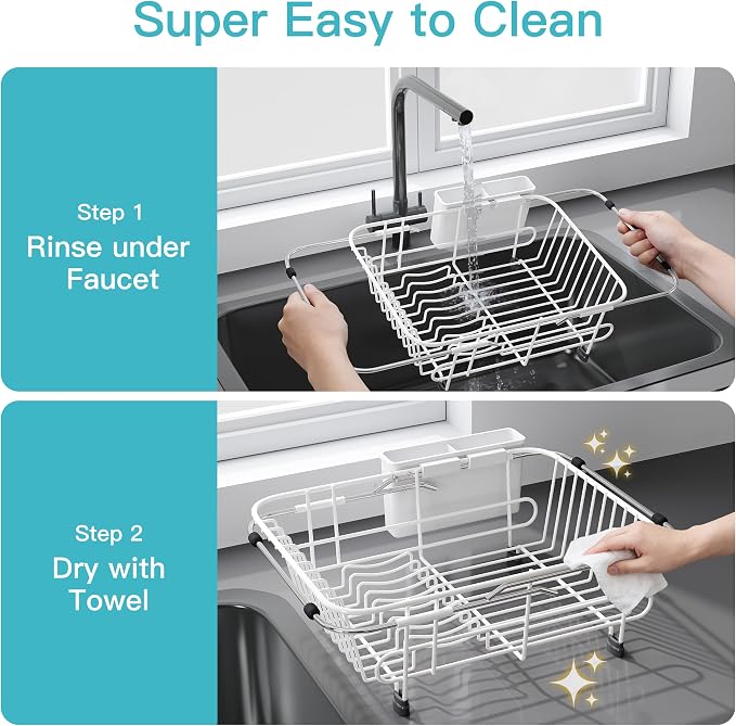 JASIWAY White Dish Drying Rack in Sink with Utensil Holder, RV, Apartment | Over Sink Expandable Stainless Steel Dish Drainers for Compact Kitchen, Space Saving, Fast Drain, Rustproof, For 1-2 people - Image 9