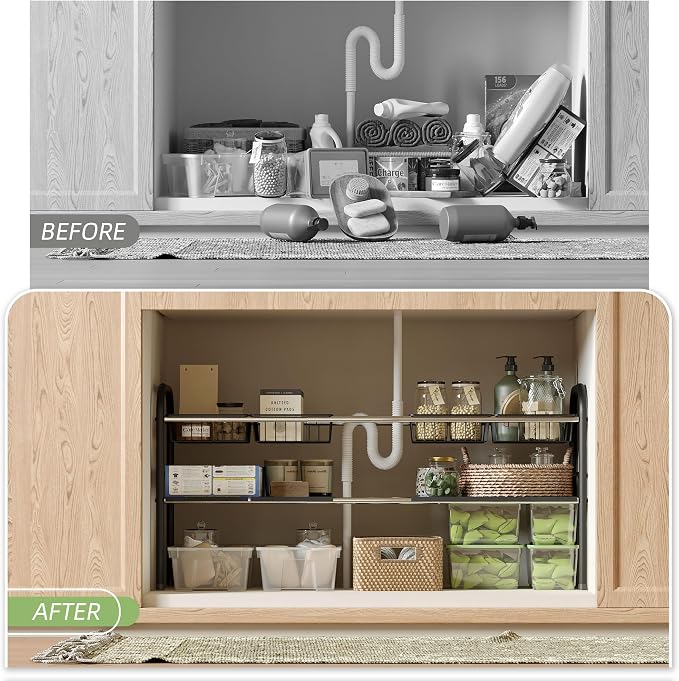 Under Sink Organizers and Storage,Expandable under cabinet organizer Shelf | 2 tier expandable shelf for kitchen,bathroom,4 Removable ABS Panels and 4 Baskets,Adjustable partition height,20.7-32.3" W - Image 5