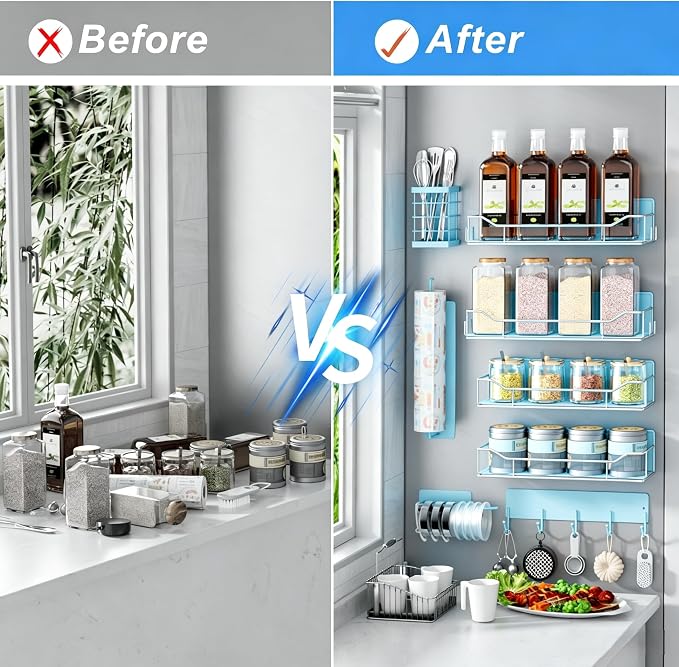 Magnetic Spice Rack for Refrigerator,8 Pack Magnetic Fridge Shelf, Moveable Spice Organizer with Hook Rack, Paper Towel Holder, Utensil Holder,cup lid holder, Super Magnetic Rack Set (Blue) - Image 6