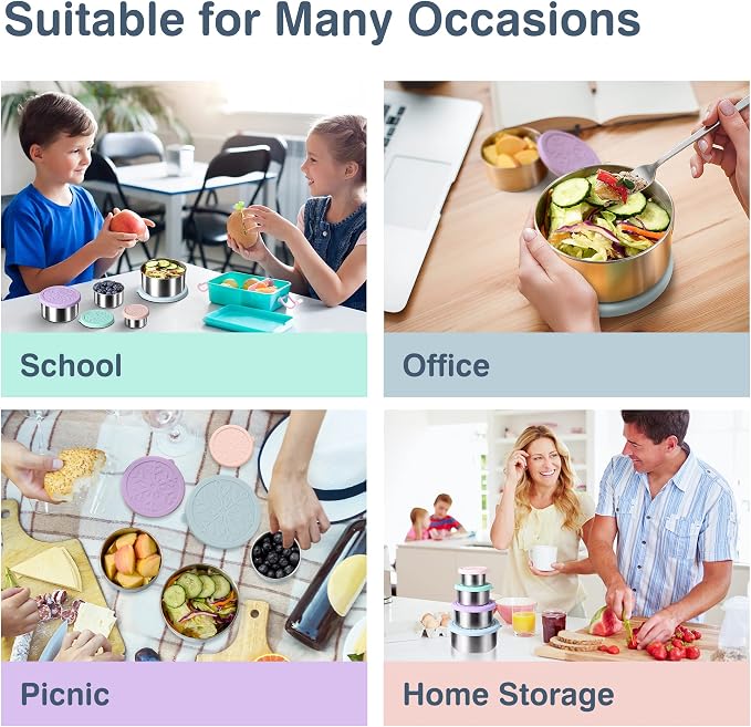 18/8 Stainless Steel Food Snack Storage Containers(4 Pack: 3/7/13/22oz) | Stackable, Leakproof Lunch Box with Silicone Lid, for Kids and Toddler Home School Use - Image 6