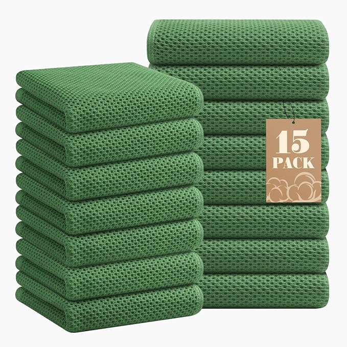 Homaxy 100% Cotton Waffle Weave Kitchen Towels, 15-Pack, Grass Green | Ultra Soft Absorbent Dish Towels, Quick Drying Cleaning Towels, 13 x 28 Inches by Homaxy