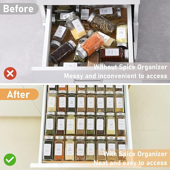 Spice Drawer Organizer with 20 Spice Jars,216 Labels,50 Non-slip Rubber, Bamboo 4 Tier Seasoning Rack Tray Insert for Kitchen Drawers,Cabinets,Countertop,9" Wide x 15.8" Deep - Image 5
