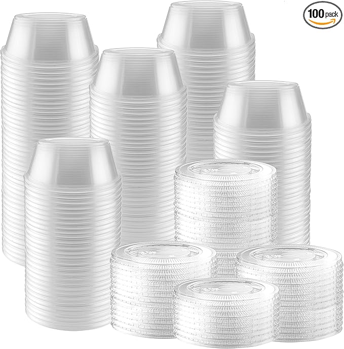 100 Pack 2 oz Small Clear Plastic Cups Disposable Jello Shots with Snap on Leak Proof Lids Small Shot Cups Food Storage Containers for Party Portion Control Sauces Spices Liquid Dip by NYHI