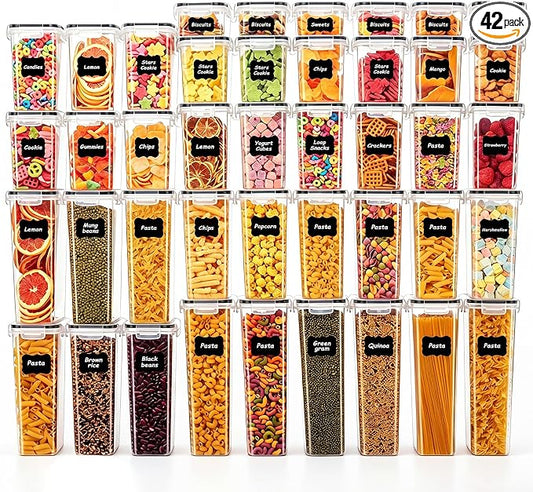 42 PCS Airtight Food Storage Containers with Lids, BPA Free Clear Plastic Kitchen and Pantry Organization and Storage Set for Flour, Sugar, Cereal, Pasta, Includes 42 Labels and Marker by Unknown