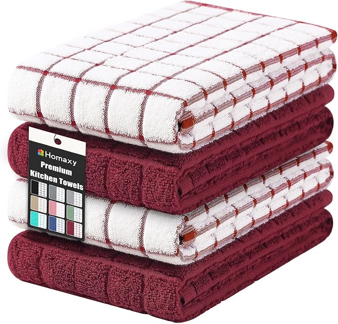Homaxy Large Premium Cotton Kitchen Towels 16"x 28", 4 Pack, Red | Natural Ring Spun 390 GSM Dish Towels, Super Absorbent Terry Kitchen Hand Towels, Soft Tea Towels with Hanging Loop by Homaxy