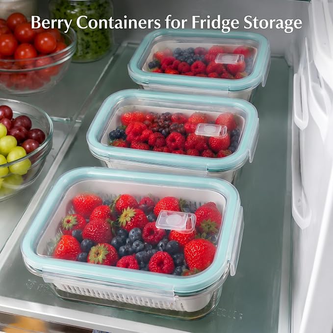 Glass Berry Container for Fridge, 3 Pack, 56oz 35oz 25oz, with Removable Colander and Vent Valve, Fresh Produce Storage Set - Image 4