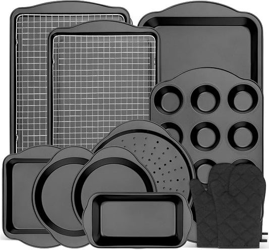 13 PCS Nonstick Bakeware Set - Carbon Steel Baking Pans Set with Dual Handles, Includes Roasting Pan, Pizza Pan, Cookie Sheet, Cake Pans, Muffin Pans, Cooling Rack, Oven Mitts, Non-Toxic by Gymdin