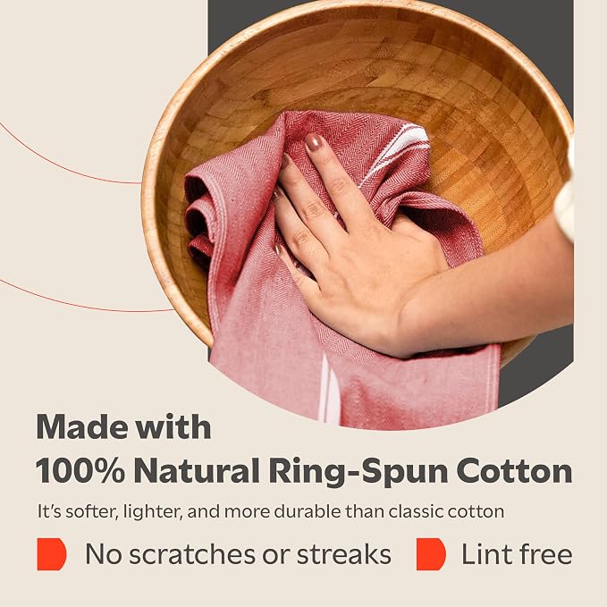 Zeppoli Classic 15 Pack 100% Natural Cotton Kitchen Towel Set, Reusable Wash Cloths, Absorbent Dish Towels, Machine Washable Hand Towels, Kitchen Essentials - 14' by 25' - Red Base - Image 3