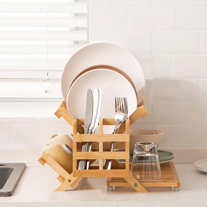 HBlife Bamboo Dish Drying Rack with Utensil Holder, 3-Tier Large Collapsible Wooden Dish Drainer Rack, Folding Drying Holder Dish Drainer for Kitchen Counter - Image 5
