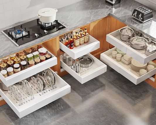 Seinloes 6Pack Expandable Pull Out Cabinet Organizer 21"Deep With Raising Pad for Framed Cabinets,Slide Out Drawers with 4pcs Divider Racks,Roll Out Shelves Adhesive,Adjustable Width 12.05"-20.4"White by Seinloes