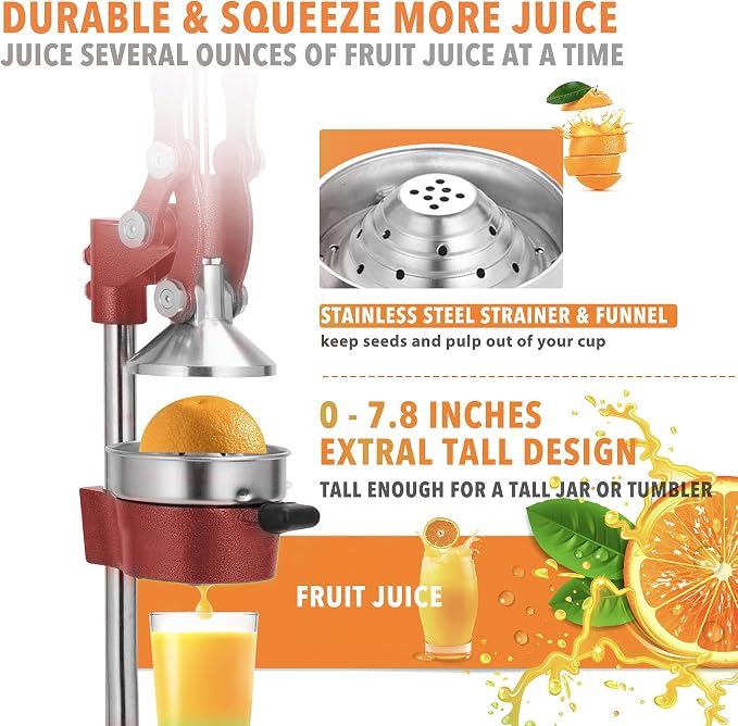19 Inch Height Extra Tall Commercial Heavy Duty Cast Iron Hand Press Manual Orange Citrus Lemon Lime Grapefruit Pomegranate Fruit Juice Squeezer Machine with Stainless Steel Cup Red - Image 5
