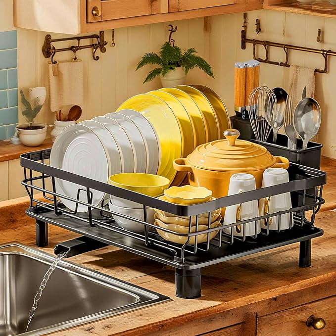 MOUKABAL Dish Drying Rack with Drainboard for Kitchen Counter, Black | 13×17 Large Capacity/Rustproof Stainless Steel/Fast Drainage Dish Drainer/Removable Utensil Holder/Kitchen Counter Organizer by MOUKABALGREATHELPER